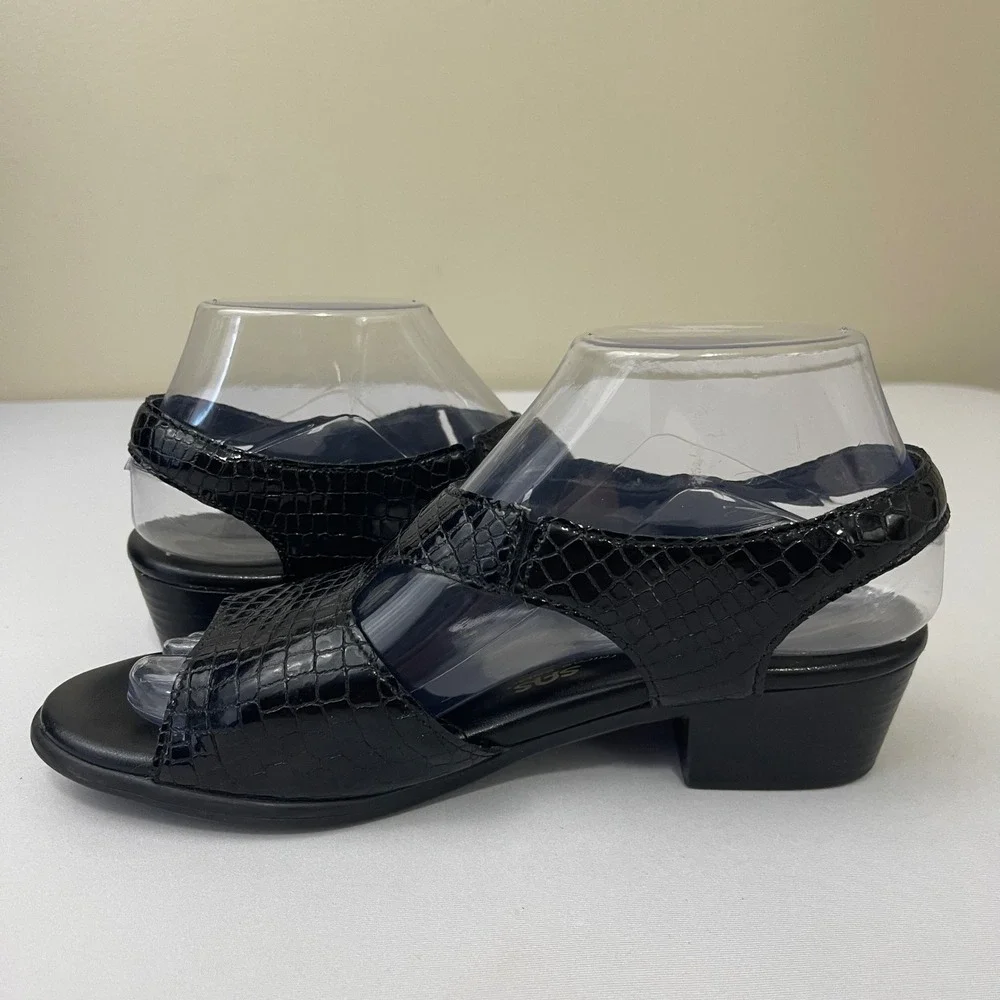 SAS Suntimer 7.5W‎ Black Croc Embossed Slingback Comfort Block Heel Sandals